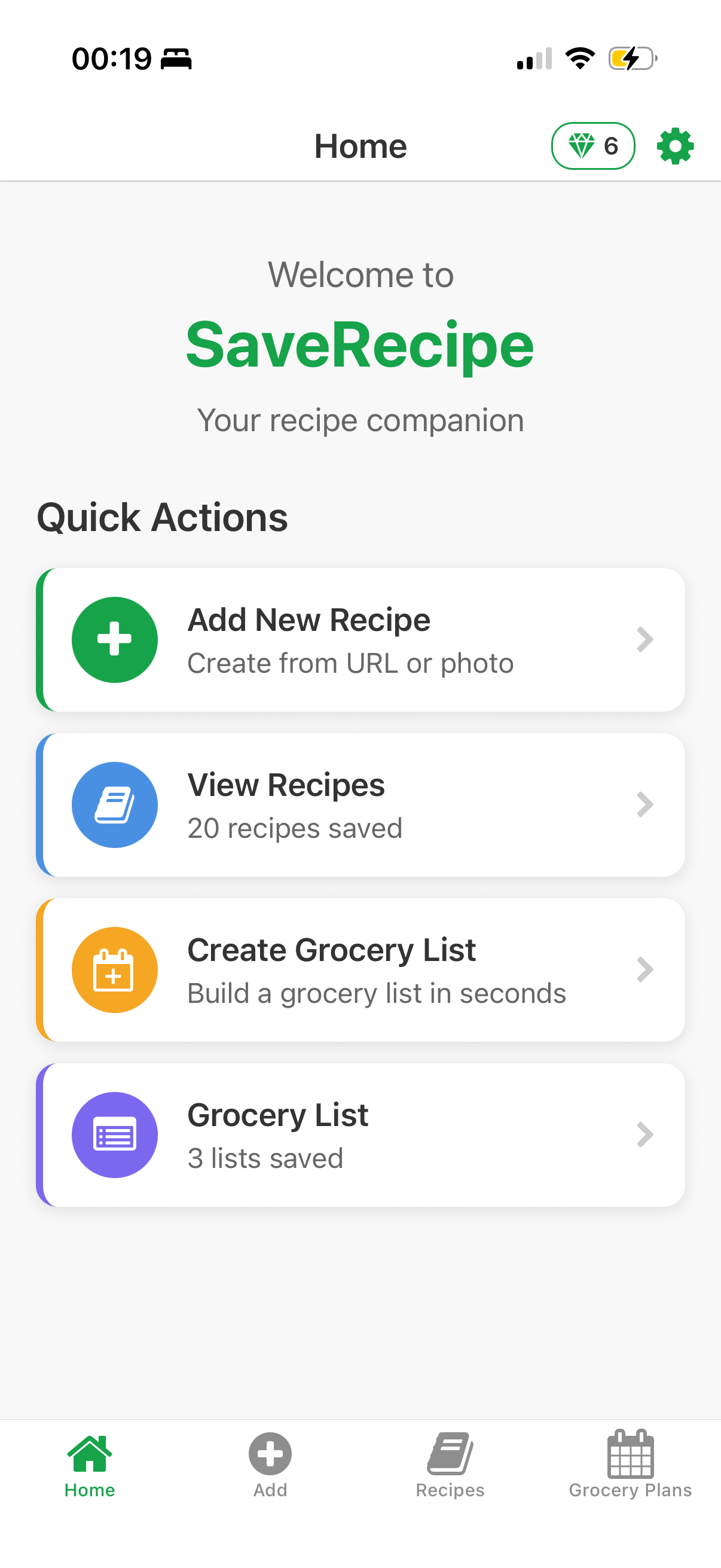 SaveRecipe home screen with the settings icon highlighted