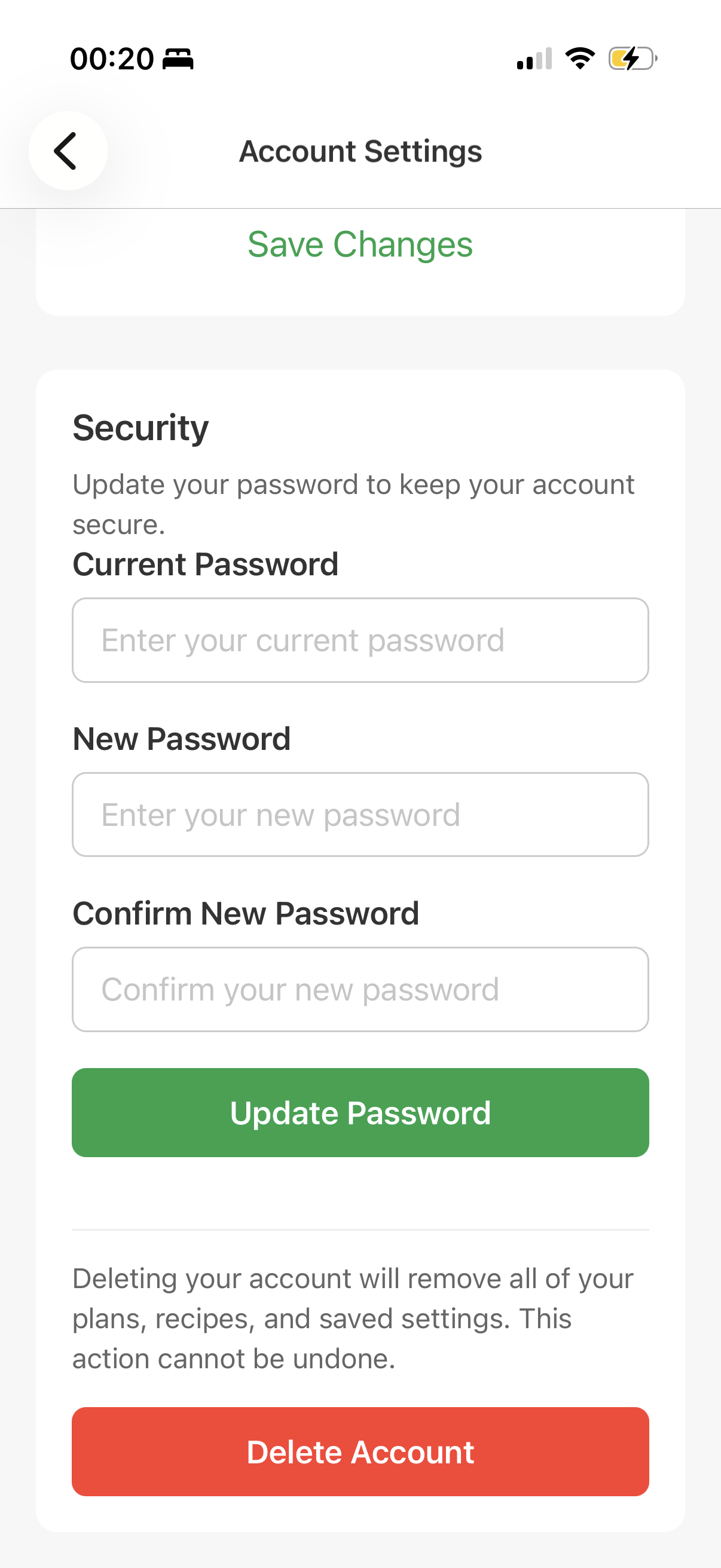 Account settings screen with the delete account button