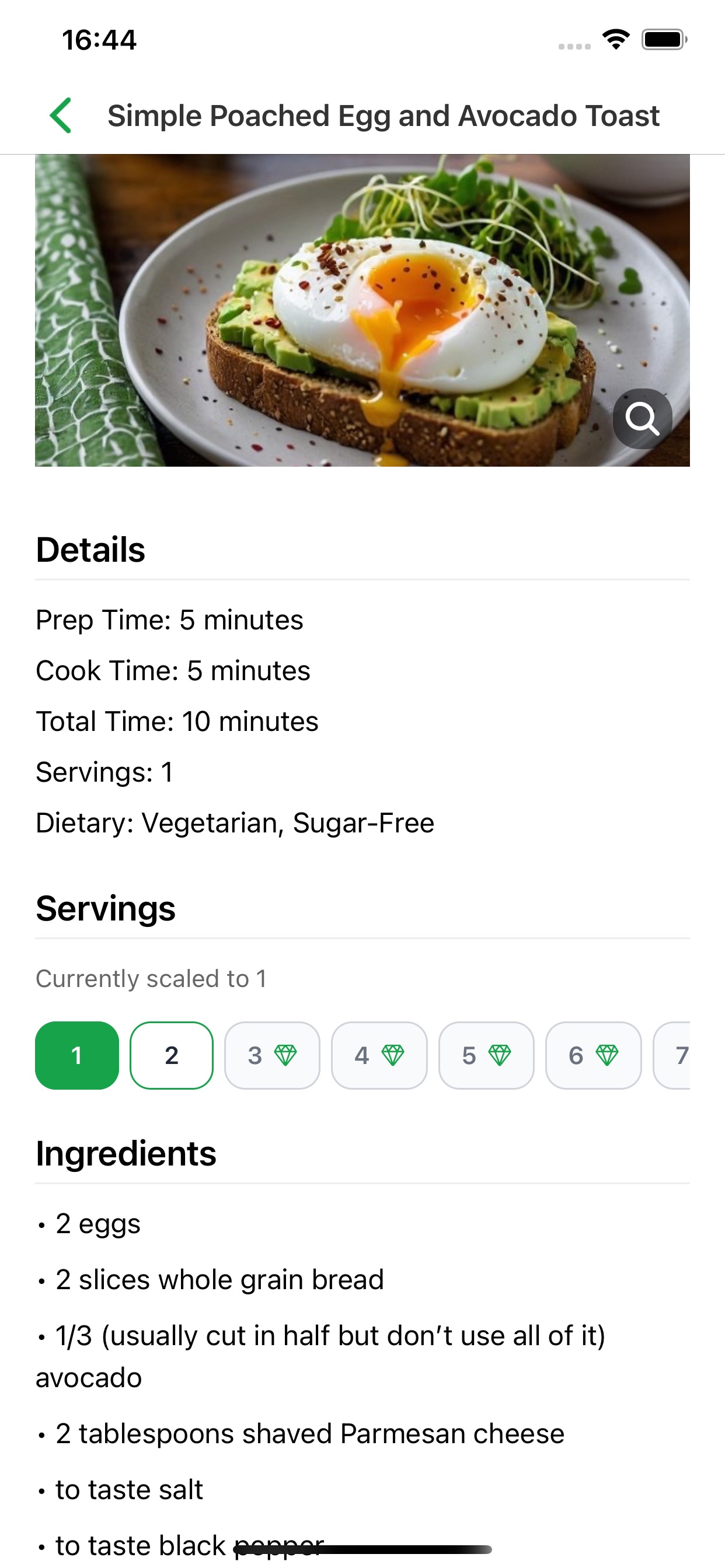 SaveRecipe recipe detail screen with servings and ingredients