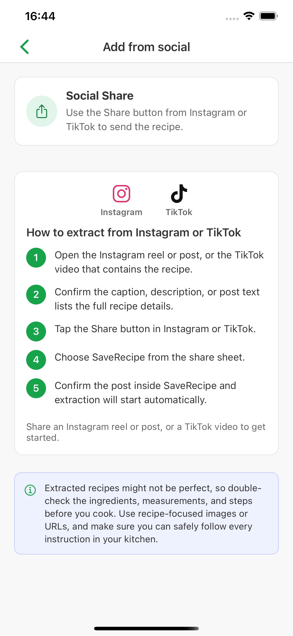 Importing a recipe from Instagram or TikTok in SaveRecipe