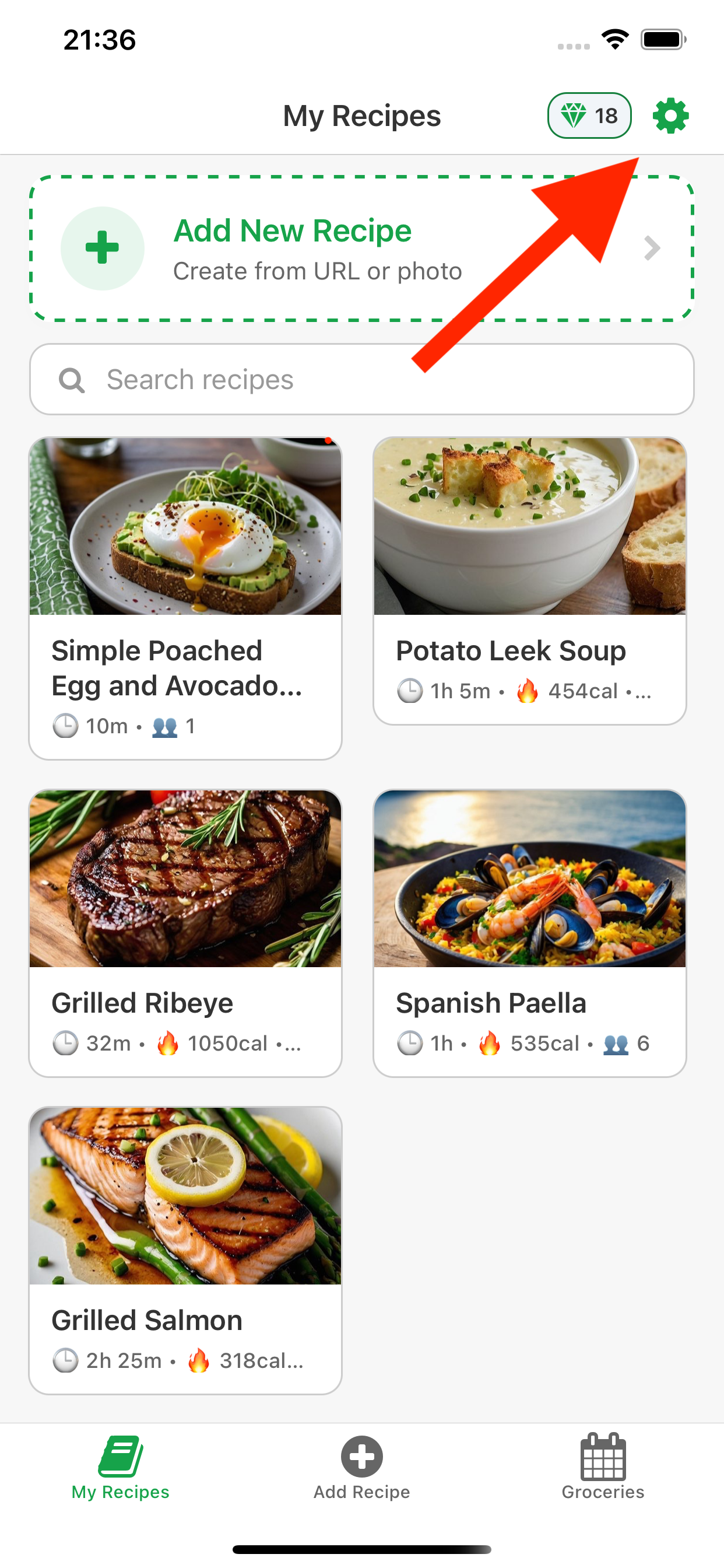 SaveRecipe home screen with navigation to settings