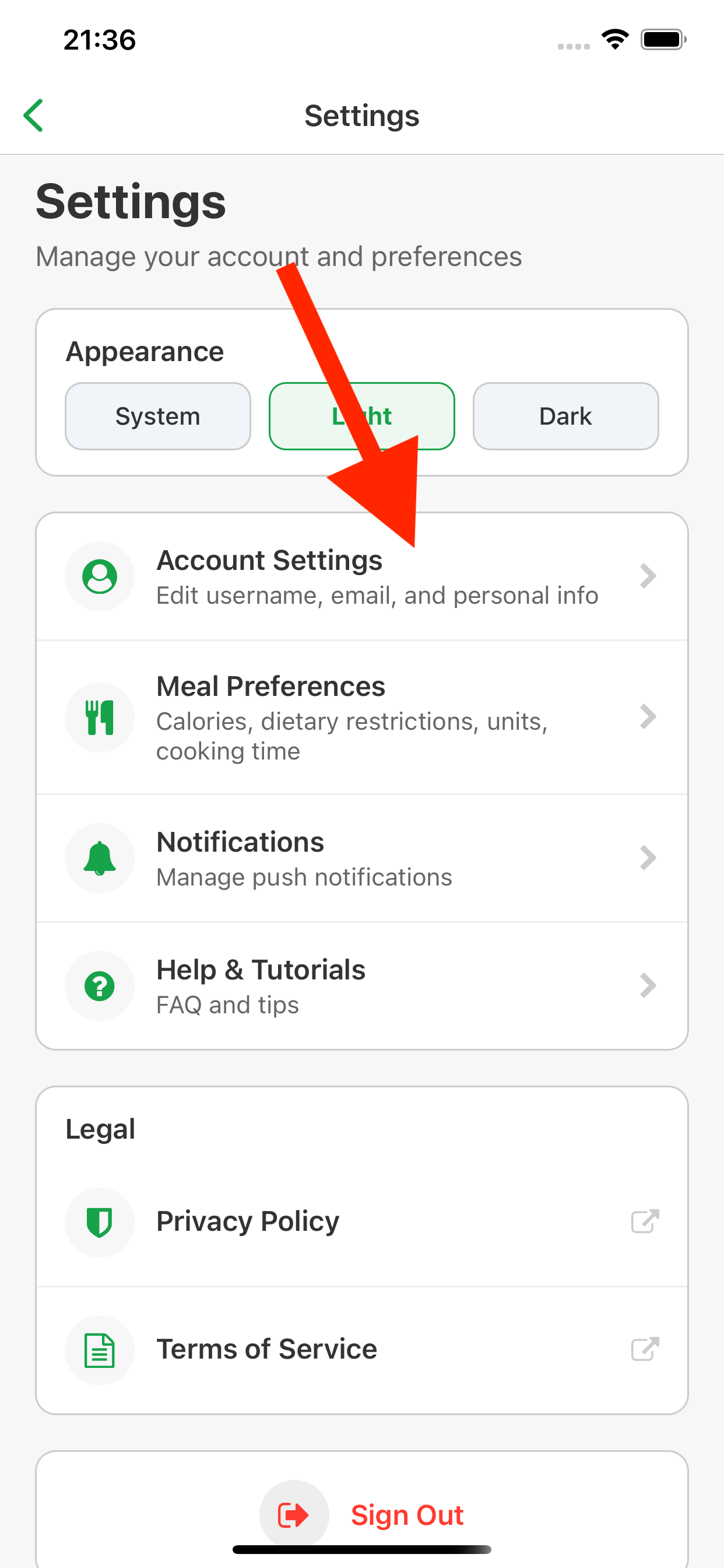 Account settings options inside SaveRecipe