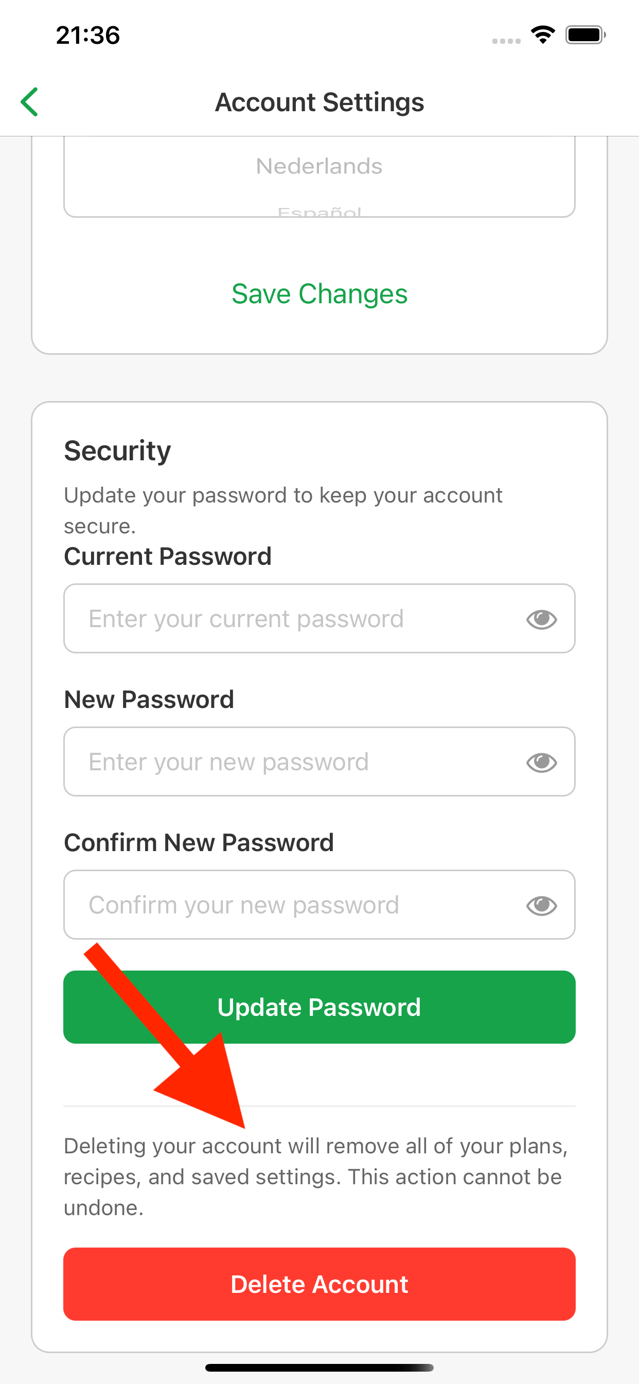 Delete account confirmation in SaveRecipe
